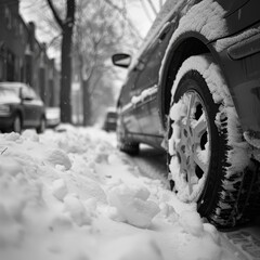 Winter Scene: Car Tires Covered in Snow on Street - Seasonal Automotive Concept