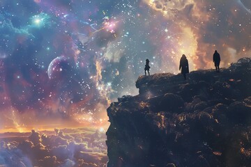 Celestial Wanderers: Two Figures Gaze Upon a Distant Earth in a Dreamlike Galactic Exploration