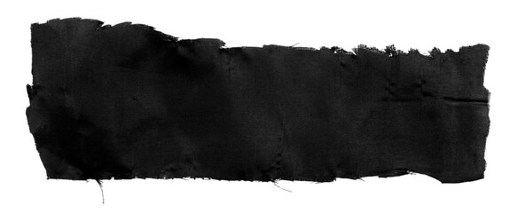 A piece of torn black satin fabric on a white background. Isolate a crumpled piece of fabric