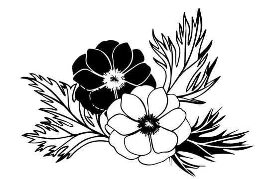 black and white flowers with leaves clip art preview