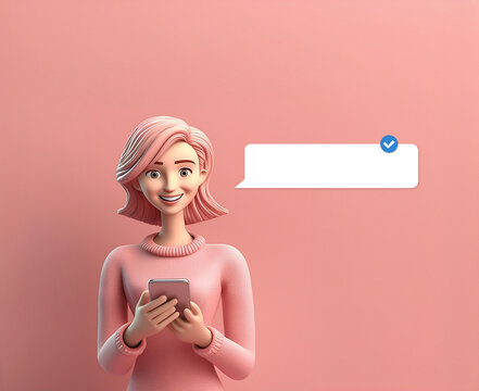 Mujer chateando con su tel&eacute;fono celular y globo de texto vac&iacute;o. Concepto de comunicaci&oacute;n y redes sociales. IA generativa. Recurso gr&aacute;fico para completar