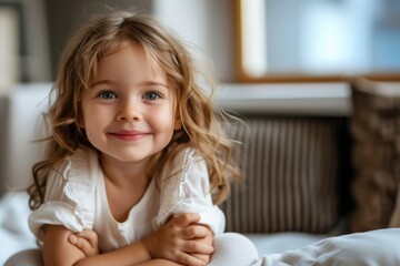 Fototapeta premium A young girl with blonde hair and a white shirt is sitting on a couch