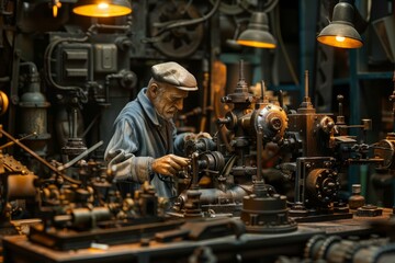 Elderly man in a cap skillfully operates a lathe in a classic, illuminated workshop