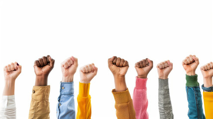 Fototapeta premium Powerful image of raised fists in different skin tones symbolizing unity and diversity