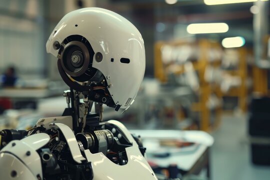 Detailed image capturing the sophisticated design of a futuristic humanoid robot's head and upper torso