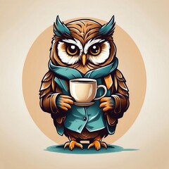 Cute baby owl cup of coffee Vector Logo little animal character, illustration simbol print