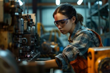 Skilled woman operating heavy machinery with focus in an industrial setting