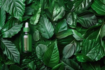 Beauty and cosmetic concept with serum bottles and green leaves on white background, copy space, top view frame - Powered by Adobe