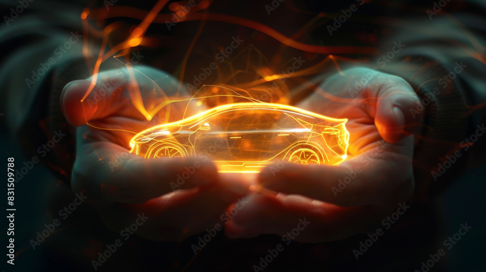 Poster futuristic car hologram projected between human hands in abstract glowing image