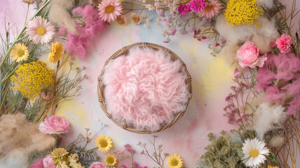 Digital background with fur baby crib and floral decorations, Boho style, composite overlay, round baby basket, dried flowers.