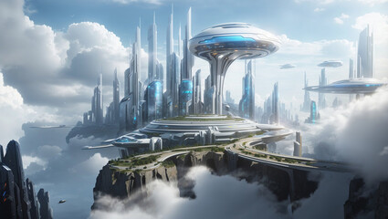 futuristic city floating above the clouds. There are tall buildings, flying cars, and a bridge leading to the city.