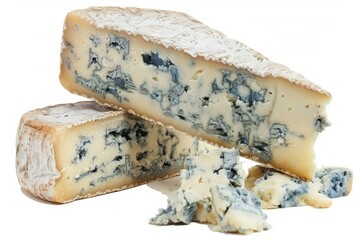 Closeup of rich and creamy blue cheese wedges with crumbles, isolated on white