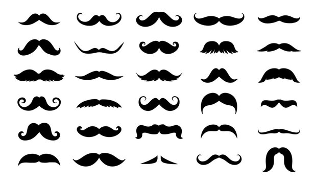 Men mustache. Black silhouette of curly facial hair, fun hipster logo, retro male whiskers, mustache shave and barber symbols collection. Vector isolated set