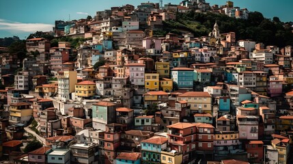 Colorful hillside community with densely packed houses under a bright blue sky showcasing vibrant architecture in a picturesque mountainous area.