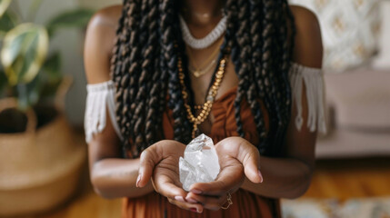 Close-up of a woman's hands presenting a large quartz crystal, symbolizing healing and spirituality