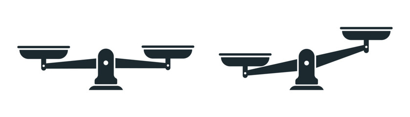 Scale and balance icons. Comparison of weight on libra of justice. Logo for justice, judge, legal. Illustration of acquit, lawsuit, attorney and sentence. Vector