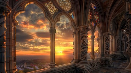 Neo-Gothic archivolts with intricate carvings and stained glass, set against a dramatic sunset sky.