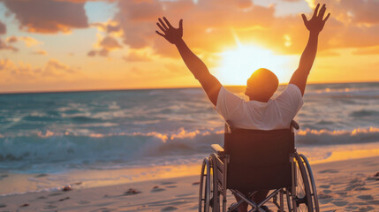 Man in wheelchair raises hands in triumph against a stunning sunrise over the ocean - Powered by Adobe