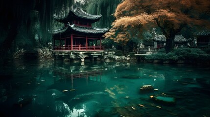 Serene traditional pagoda with vibrant red accents by a reflective pond surrounded by lush green trees and foliage in a tranquil Asian garden setting during autumn.