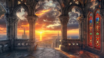 Neo-Gothic archivolts with stone carvings and stained glass shine in a dramatic sunset, casting shadows.