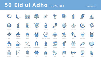 Eid ul adha vector icons set, muslims icons such as, baklava, camel, charity, cow, crescent and star, crescent moon, dates, eid clothes, eid greeting card, eid mubarak, eid sweets, and more