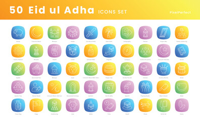 Eid ul adha vector icons set, muslims icons such as, baklava, camel, charity, cow, crescent and star, crescent moon, dates, eid clothes, eid greeting card, eid mubarak, eid sweets, and more