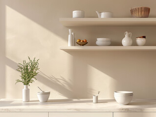 Shelves on a pale beige wallin the kitchen, modern interior.