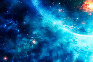 Naklejka premium A blue and white space with two planets and a lot of rocks.