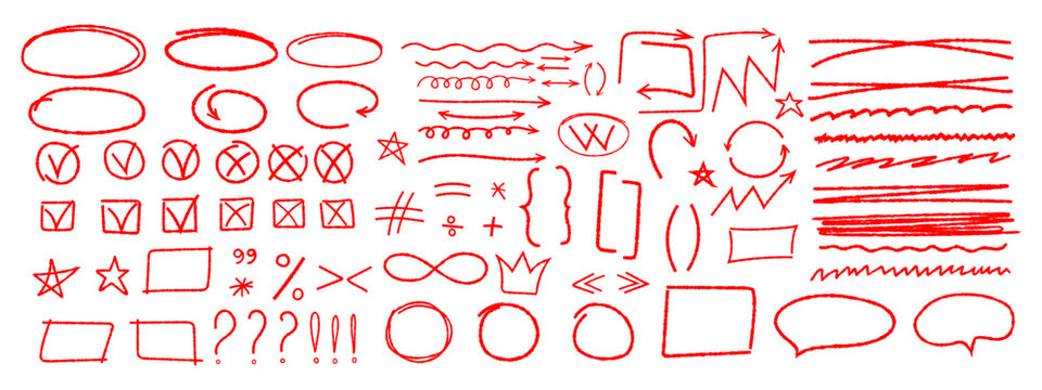 Set of various arrows, symbols, punctuation marks asterisks colons, underscores, crossings drawn in red chalk or pencil. Vector elements strokes pencil or charcoal bubbles wavy lines, swoosh