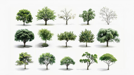 A collection of 15 different tree types isolated on a white background, excellent for architectural design project.