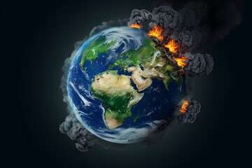 Vibrant continents, visible oceans, erupting parts fiery, smoky Earth contrasted against dark void