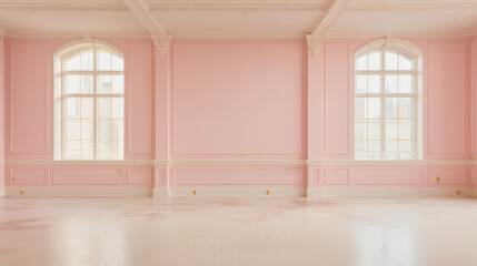Obraz premium large, empty, high-ceilinged room painted pink with arched windows