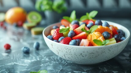 A refreshing bowl of colorful fruit salad with fresh berries, kiwi, and mint leaves, served on a...
