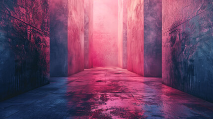 A long, narrow hallway with pink walls and a pink floor