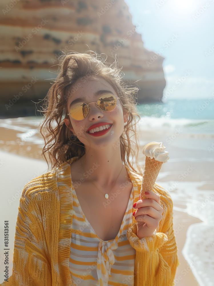 Wall mural young woman with blonde hair red lipstick holding ice cream cone, smiling, standing near the beach