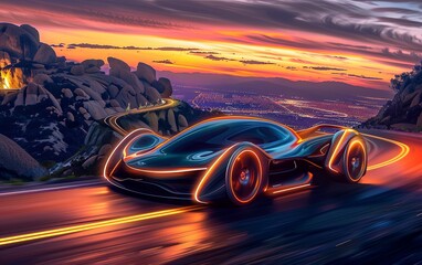 Futuristic Electric Sports Car Speeding Through Mountain Roads at Sunset