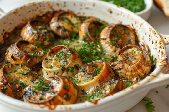Delicious escargots in a dish, topped with garlic herb butter and freshly chopped parsley