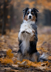 A cute Australian Shepherd sits on autumn leaves in the forest. The photo is perfect for dog lovers and autumn enthusiasts.