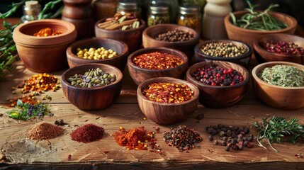 Spicy Chili Peppers Herbs and Spices displayed on a countryside style wooden table