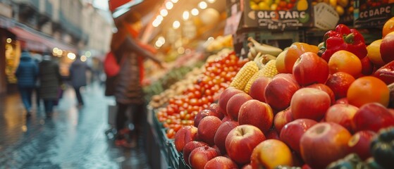 A vibrant outdoor market sells fresh produce, including apples and vegetables, on a rainy day. Customers browse through the colorful stalls.