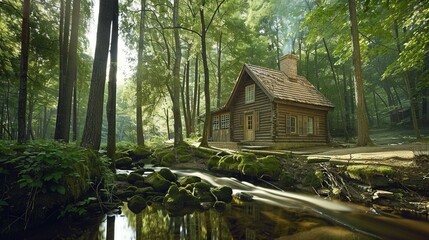   A log cabin nestled amidst a forest stream