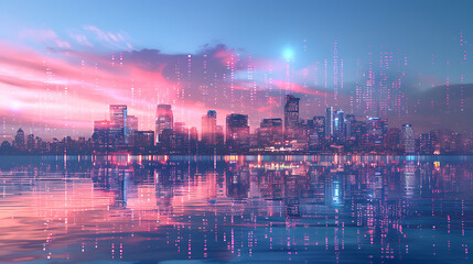 Obraz premium a city skyline at either dusk or dawn, with reflections on a body of water in the foreground