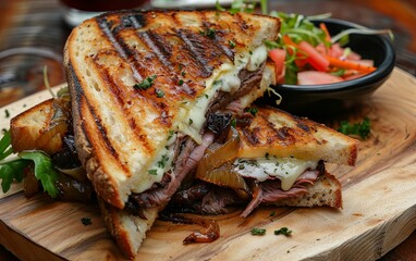 Delicious Grilled Roast Beef Sandwich With Caramelized Onions and Fresh Herbs on Wooden Board