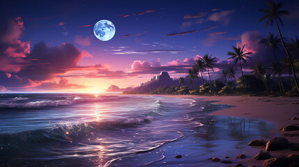 A beach scene. There is a blue sea with waves crashing on the shore. There is a large moon in the sky and a beautiful sunset