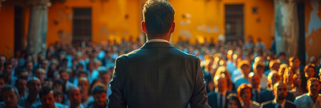 Suited speaker captivates audience on podium, exuding confidence.