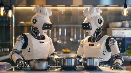 humanoid robots cooking in the restaurant kitchen, futuristic AI technology in meal preparation