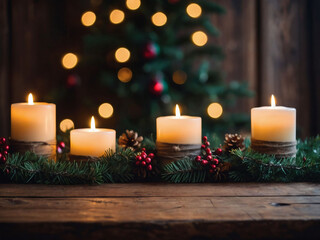 Rustic holiday table mockup, wood table, tree, ornaments, candles, twinkling lights.