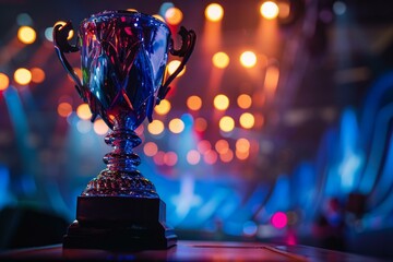Sparkling trophy stands in the spotlight against a vibrant background of stage lights