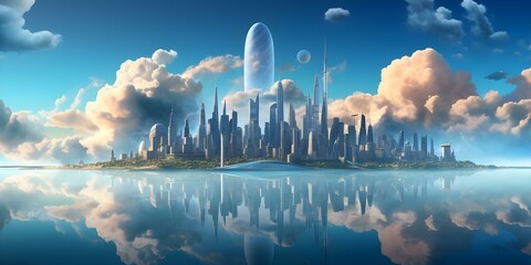 Create a D digital cityscape with skyscrapers merging with clouds to showcase cloud computing. Concept Digital Art, Cityscape, Skyscrapers, Cloud Computing, Technology