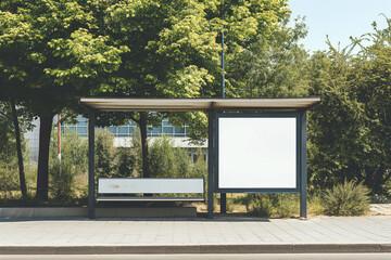 Empty bus stop with bench and blank advertising board in a leafy suburban environment on a sunny day. Background with copy space. Mockup